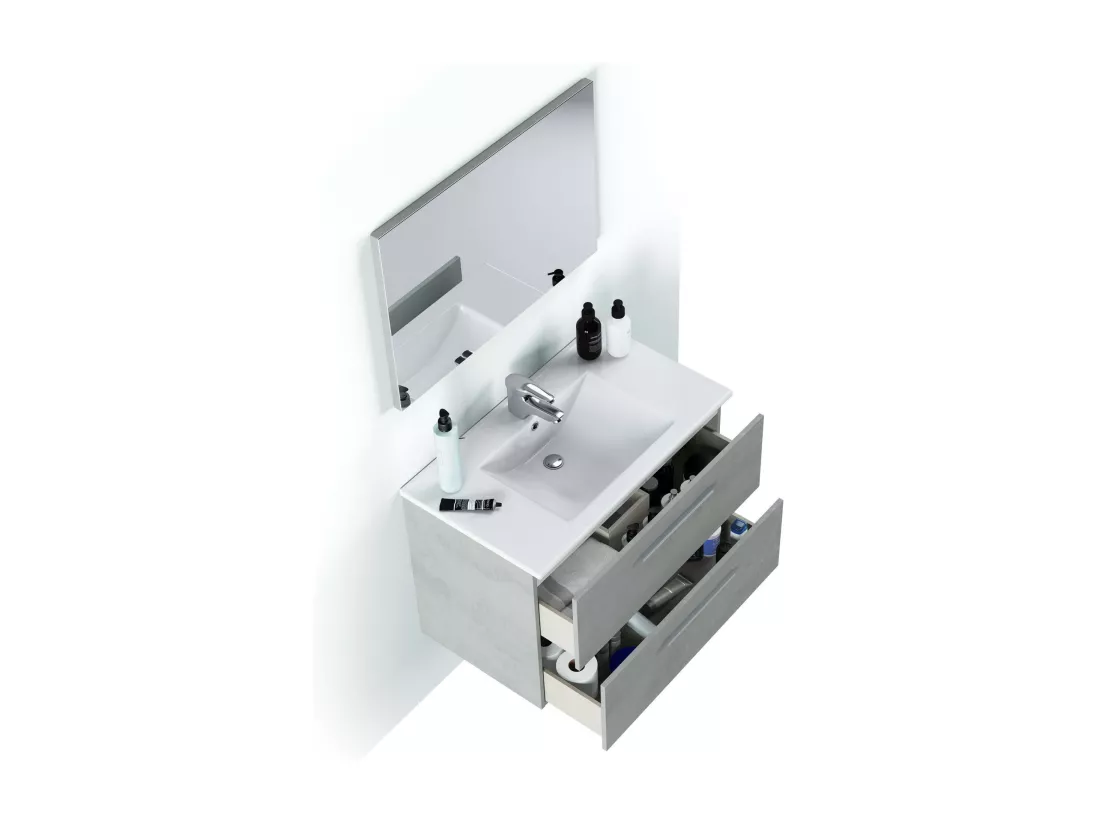 Meuble sous-vasque Dfell, Meuble de salle de bain suspendu, Armoire avec 2 tiroirs et miroir, 80x45h57 cm, Ciment