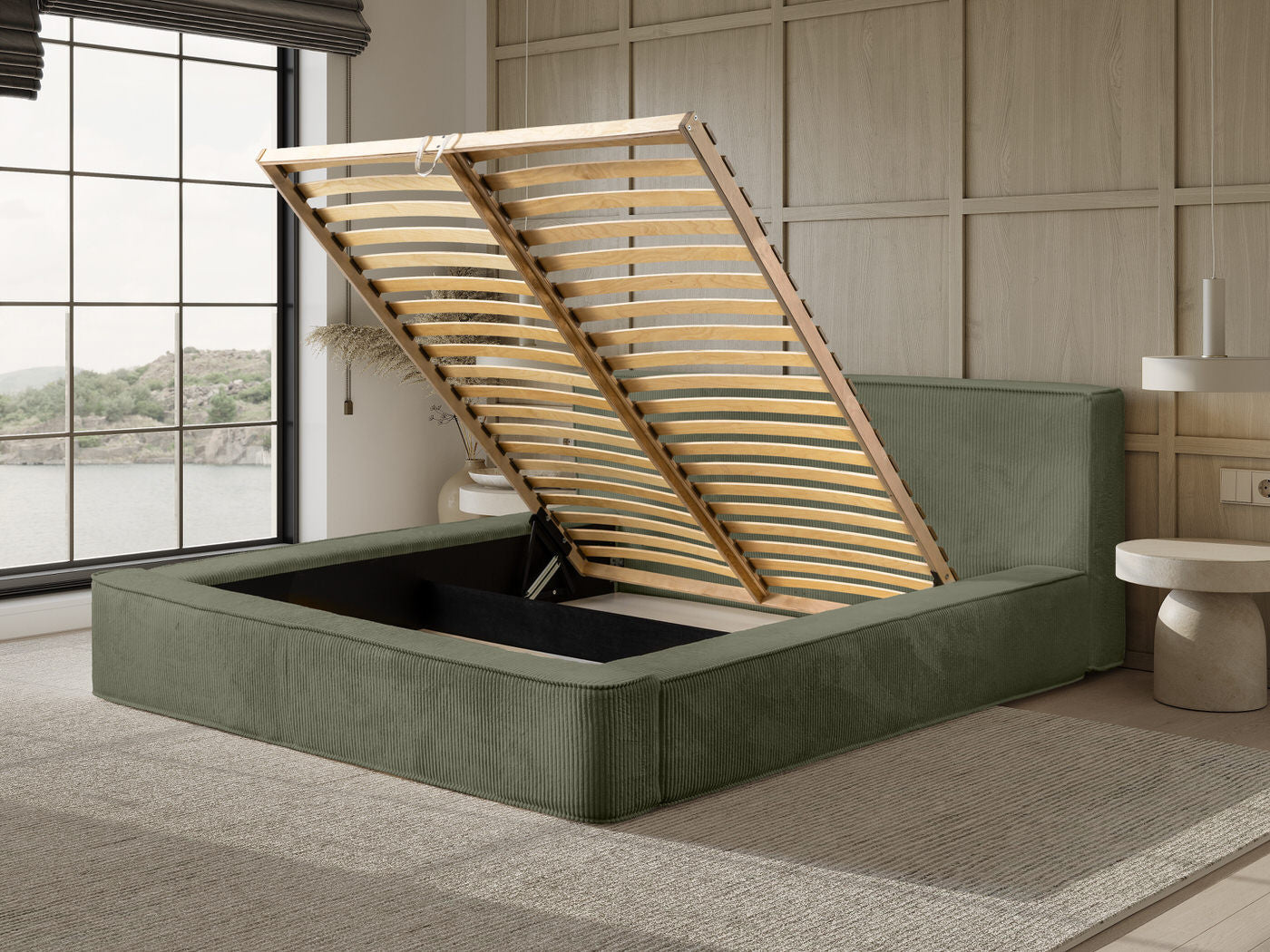 Trae Mobler Harmon 160x200 cm Gestoffeerd Bed Olijfgroen