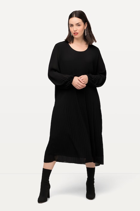 Plissee-Midikleid, A-Linie, Rundhals, Langarm