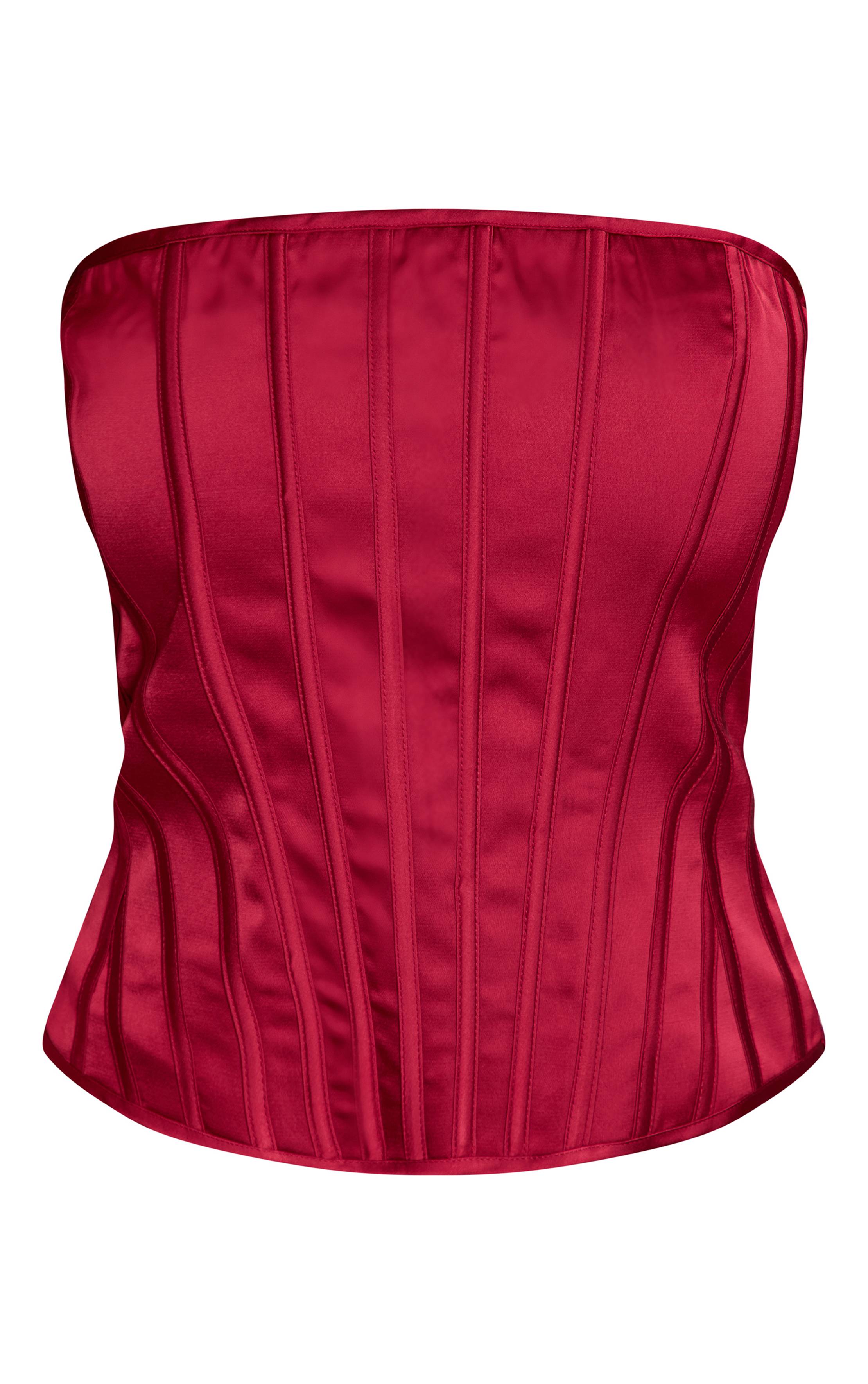 Rouge Vin Corset Bustier Satiné À Baleines