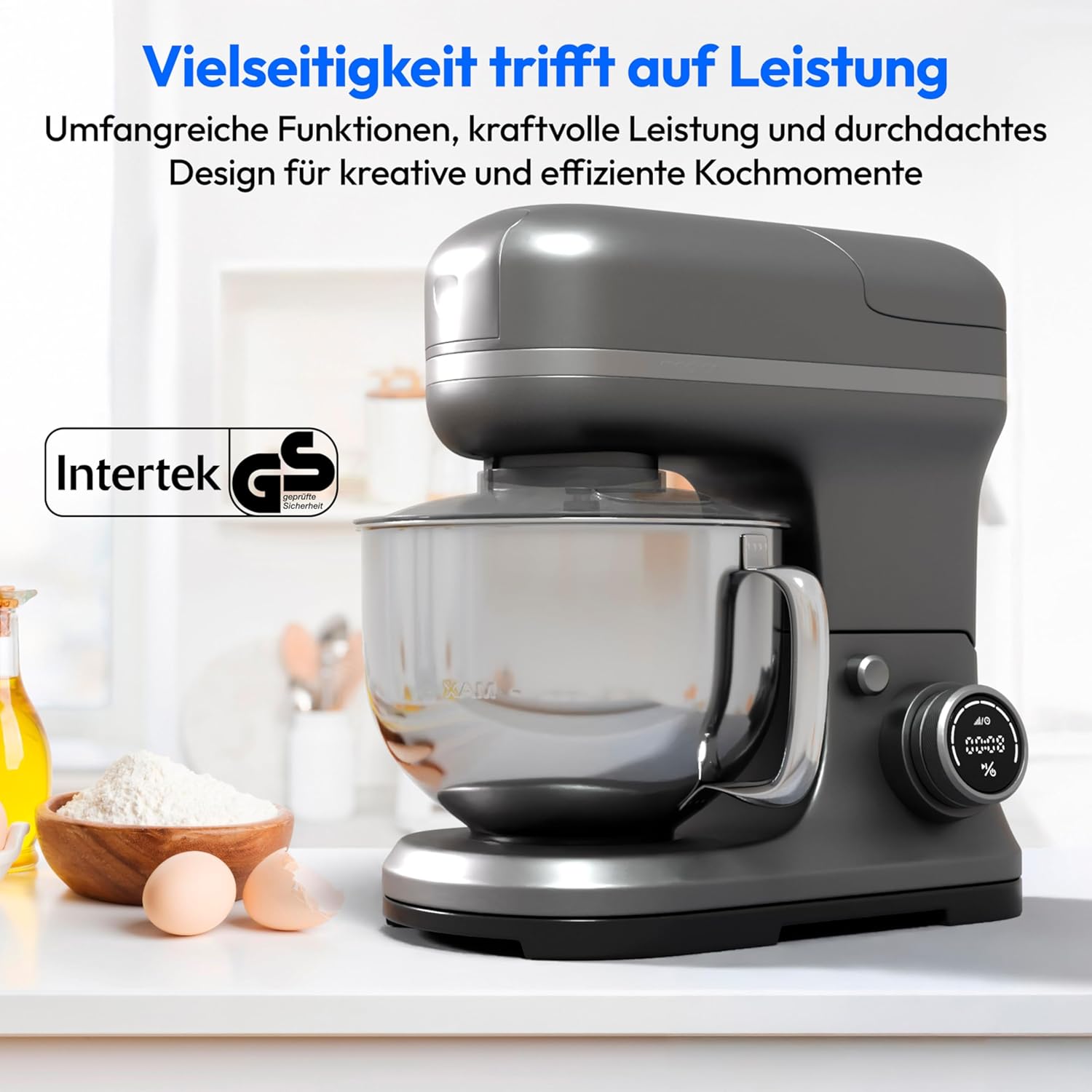 MEDION Küchenmaschine (Mixer, Fleischwolf, Eisschüssel für Zubereitung von Eis, 4 in 1, 1.200 Watt, Reiben Raspeln Schneiden, Digitales Touch Display, Knetmaschine, Teigmaschine, MD18440) Titan