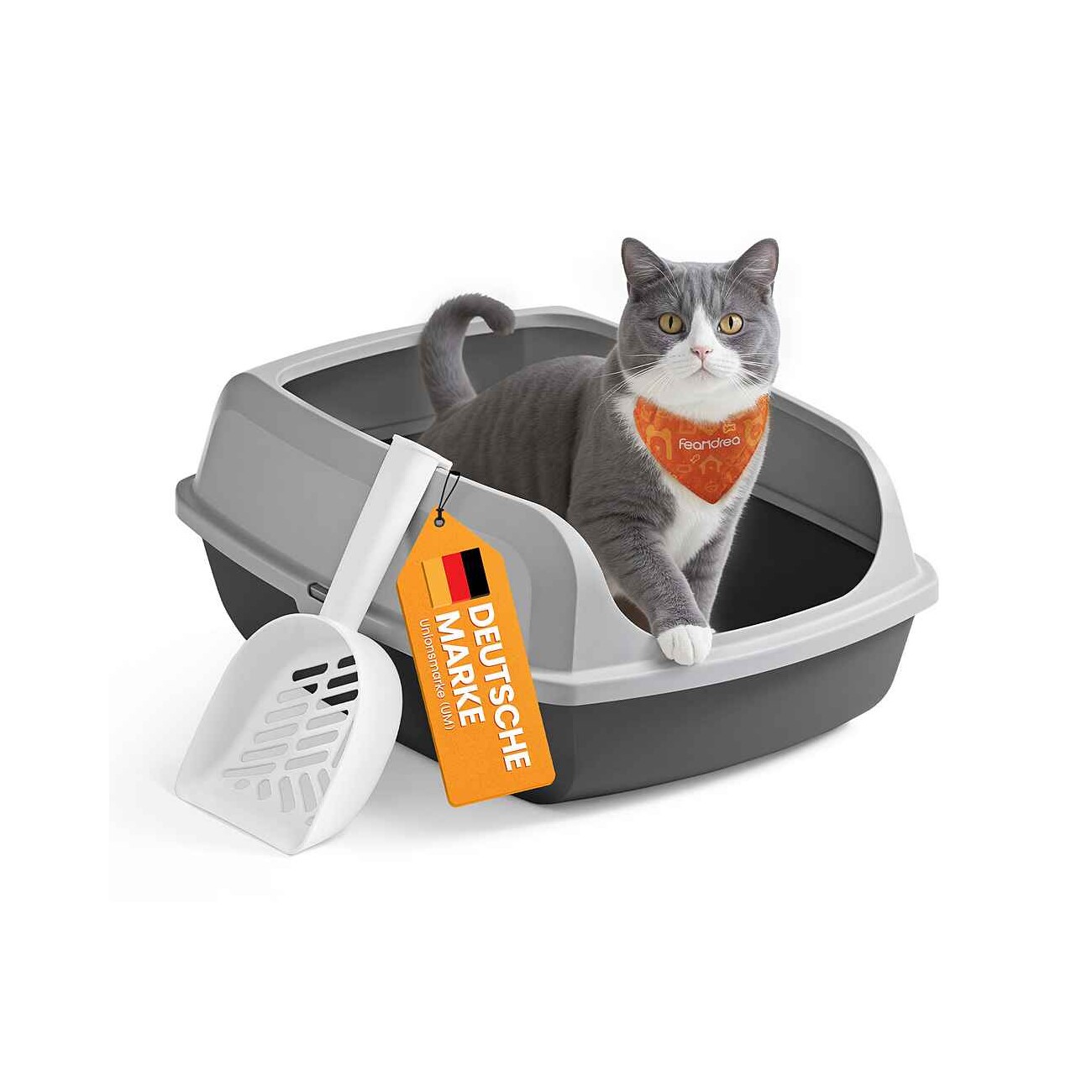 FEANDREA Katzenklo mit hohen Seitenwänden, offene Katzentoilette, mit Schaufel