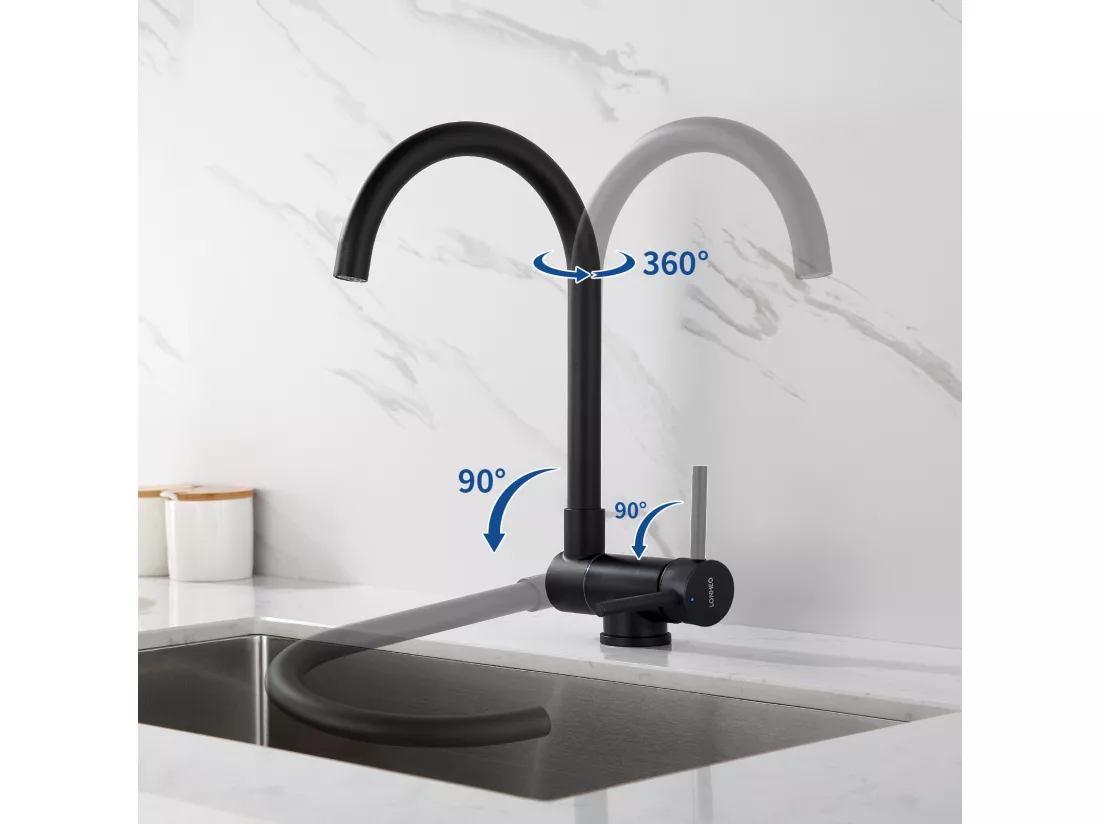 Lonheo Max Mitigeur Cuisine Rabattable Noir,Robinet Cuisine Pliable Contre Fenêtre en Acier Inox 304, Robinetterie Cuisine Pivotant à 360°,EU Modèle