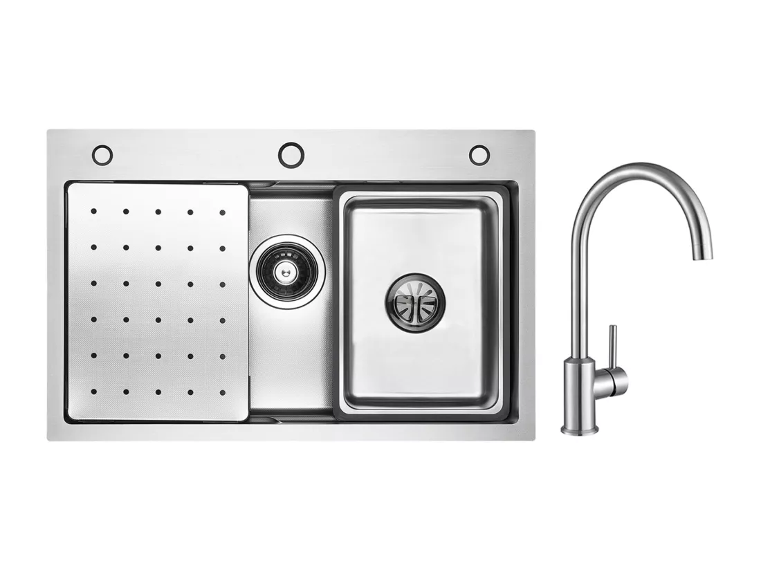 Évier 1 Bac 70×45CM Évier Inox Argent avec Egouttoir,Vasque, Distributeur de Savon + Mitigeur de Cuisine en Inox Brossé