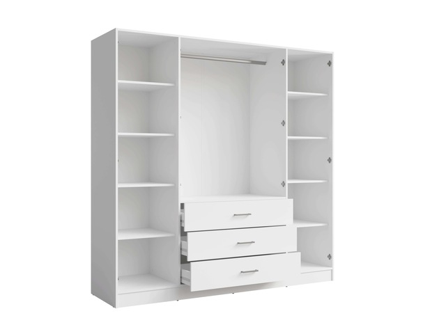 Home affaire Kleiderschrank »KOS Garderobe mit 3 Schubladen, Kleiderstange, 8 Einlegeböden, Spiegel« Wäscheschrank mit 4 Drehtüren, silber Griffen, Masse B/H/T 200/200/58cm