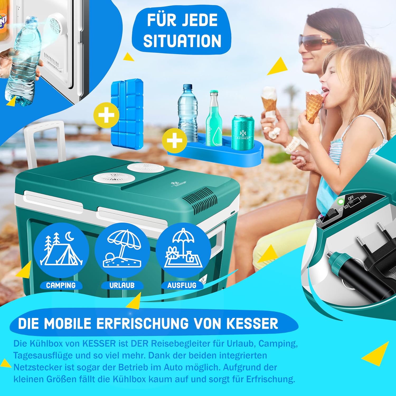 KESSER® Kühlbox 40L mit Rollen | Thermo-Elektrische Kühlbox | KÜHLT und WÄRMT | 12 & 230V | Thermobox für Auto, Boot & Camping | Mini-Kühlschrank mit ECO & MAX Modus