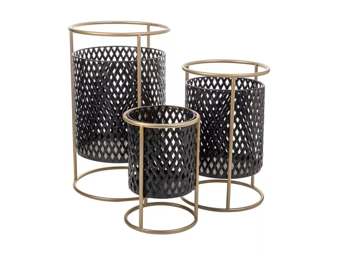 Lot de 3 jardinières en métal avec support en métal noir 31x31x72h-26x26x57h-21x21x42h cm