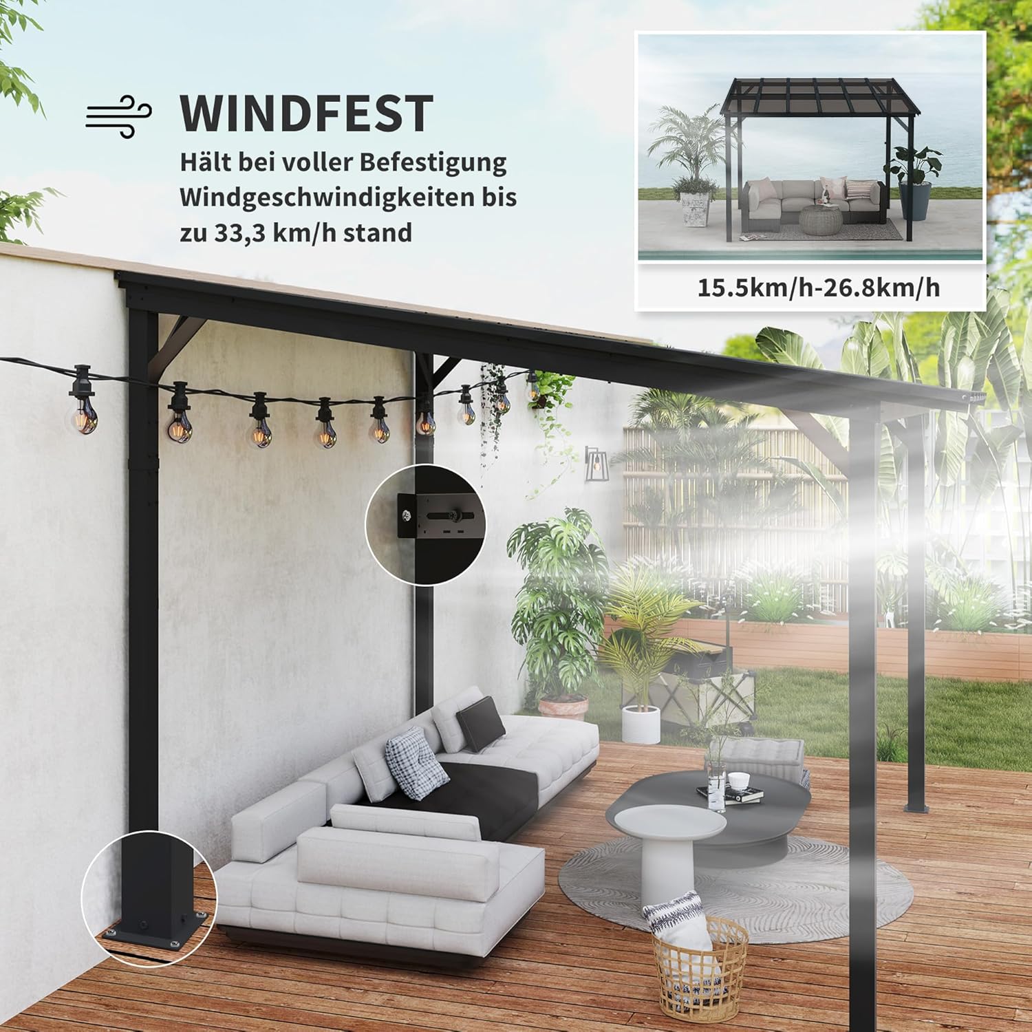 Outsunny Pergola Pavillon ca. 3x3m, Wasserdicht, Stabil, Winterfest Terrassenüberdachung mit UV-Schutz 50+, Wandmontiert Gartenpavillon aus Metall, Sonnenschutz für Garten Terrasse Balkon Dunkelgrau