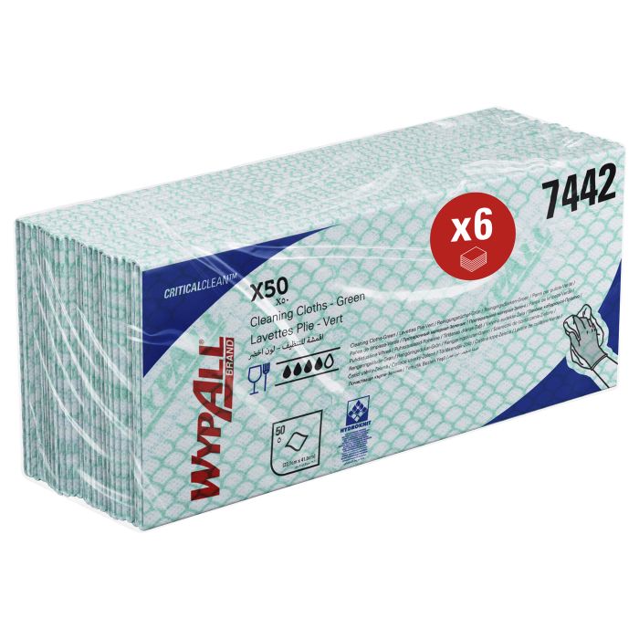 Wypall 7442 300st 6x50st sopdoek X50 Hydroknit 1-laags groen 41,6x24,5cm (7442)