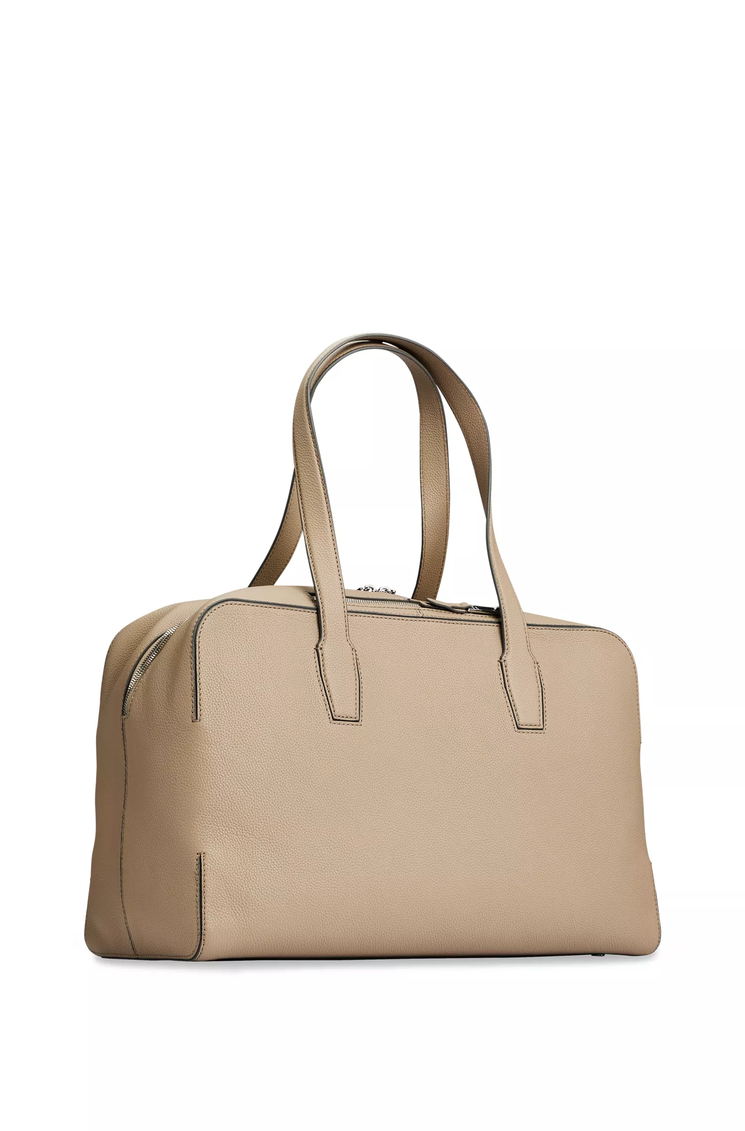 Bolsa de viagem BOSS preta com zíper, em couro granulado e com a inscrição do logotipo.