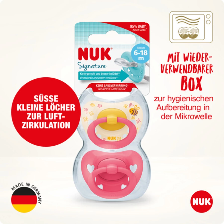 NUK Schnuller Signature 6-18 Monate 4er Box gelb  pink