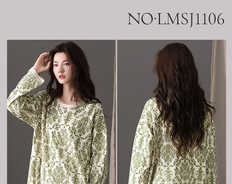 Jeony - Midi-slaapjurk met lange mouwen, ronde hals, print en split