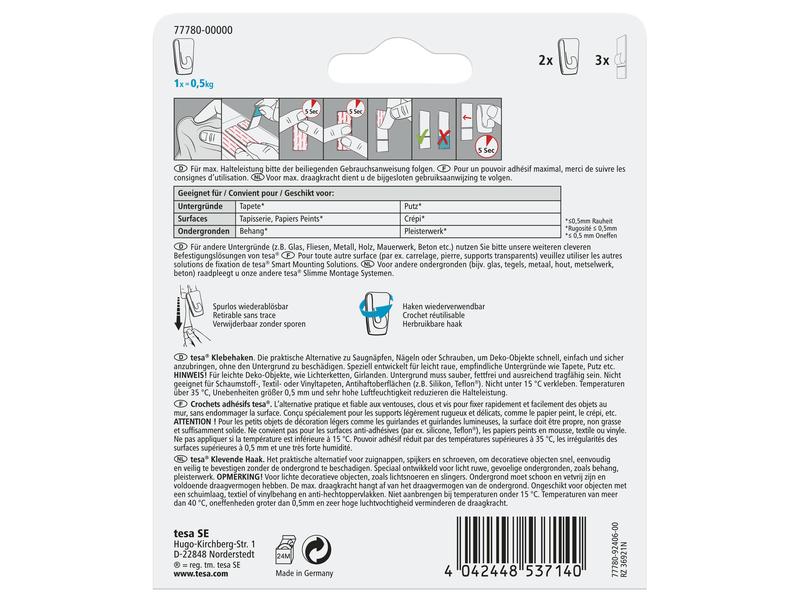 tesa Klebehaken für Tapeten & Putz 0,5 kg Klebehaken für Tapete & Putz