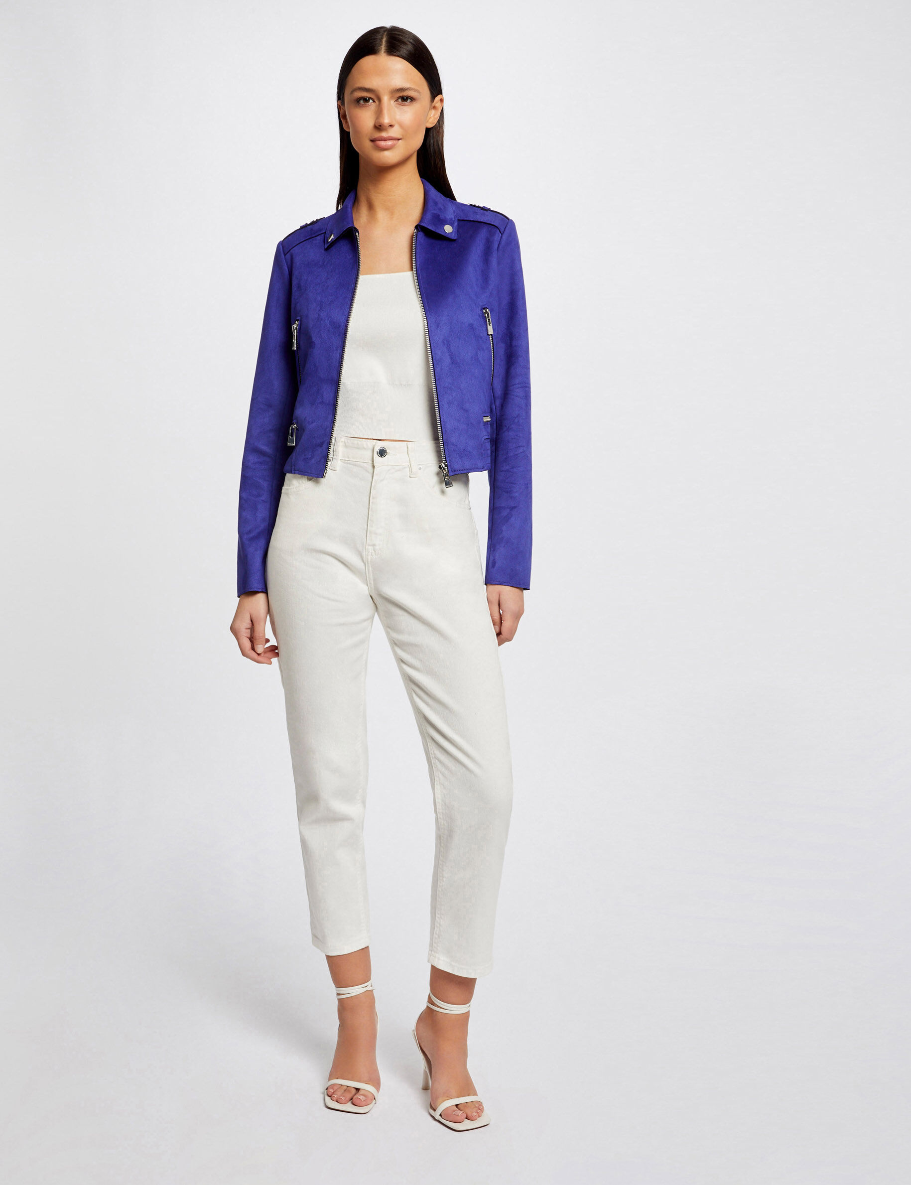 Blouson droit aspect suédine bleu moyen femme - bleu_moyen