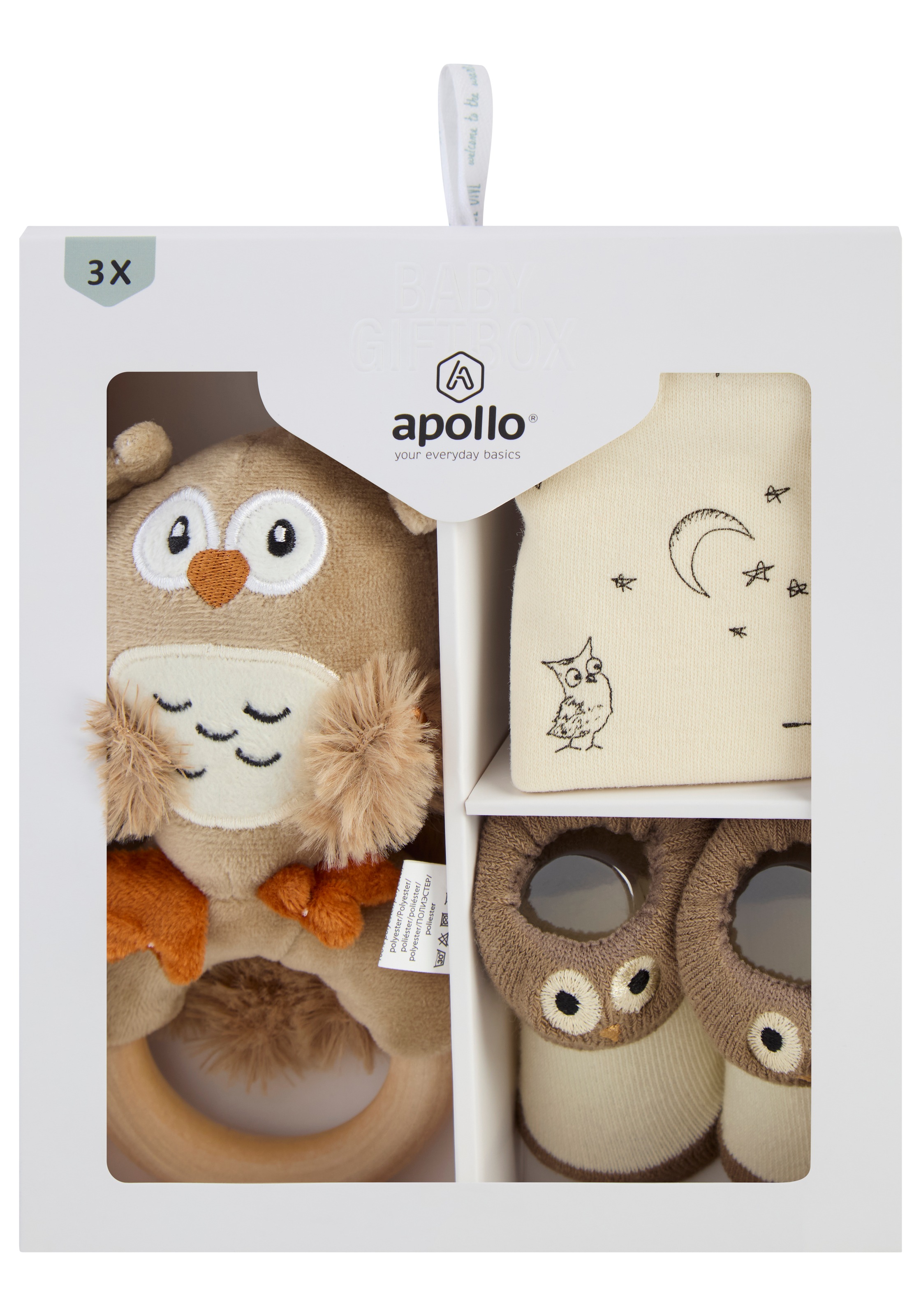 Apollo Neugeborenen-Geschenkset , Babyset, Eule, Lätzchen, Ring, Söckchen