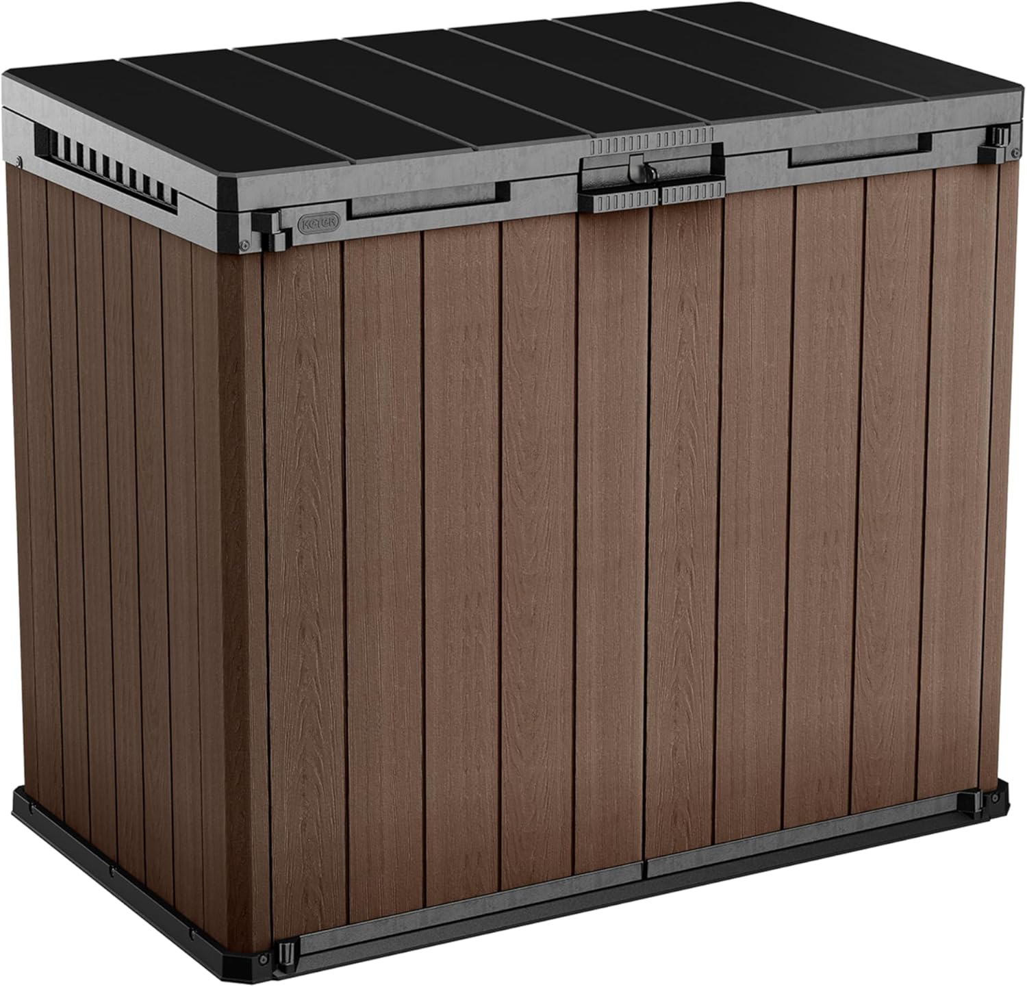KETER Store-It-Out Darwin Mülltonnenbox, 1150L Gartenbox mit Holz-Look, Aufbewahrungsschrank für 2X 240L Mülltonnen, abschließbar, wetterbeständig, braun, 141x82x120 cm