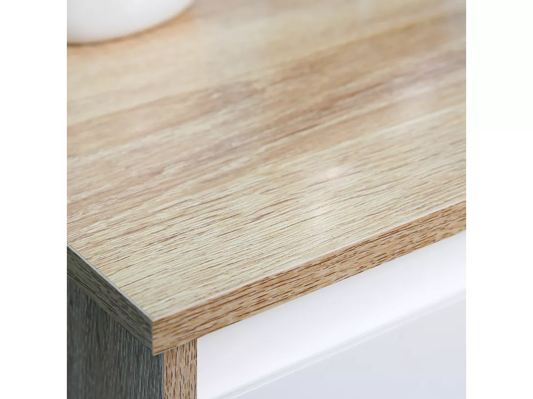 Meuble colonne bas salle de bain style cosy dim. 32L x 30l x 90H cm porte étagère tiroir MDF blanc aspect chêne clair