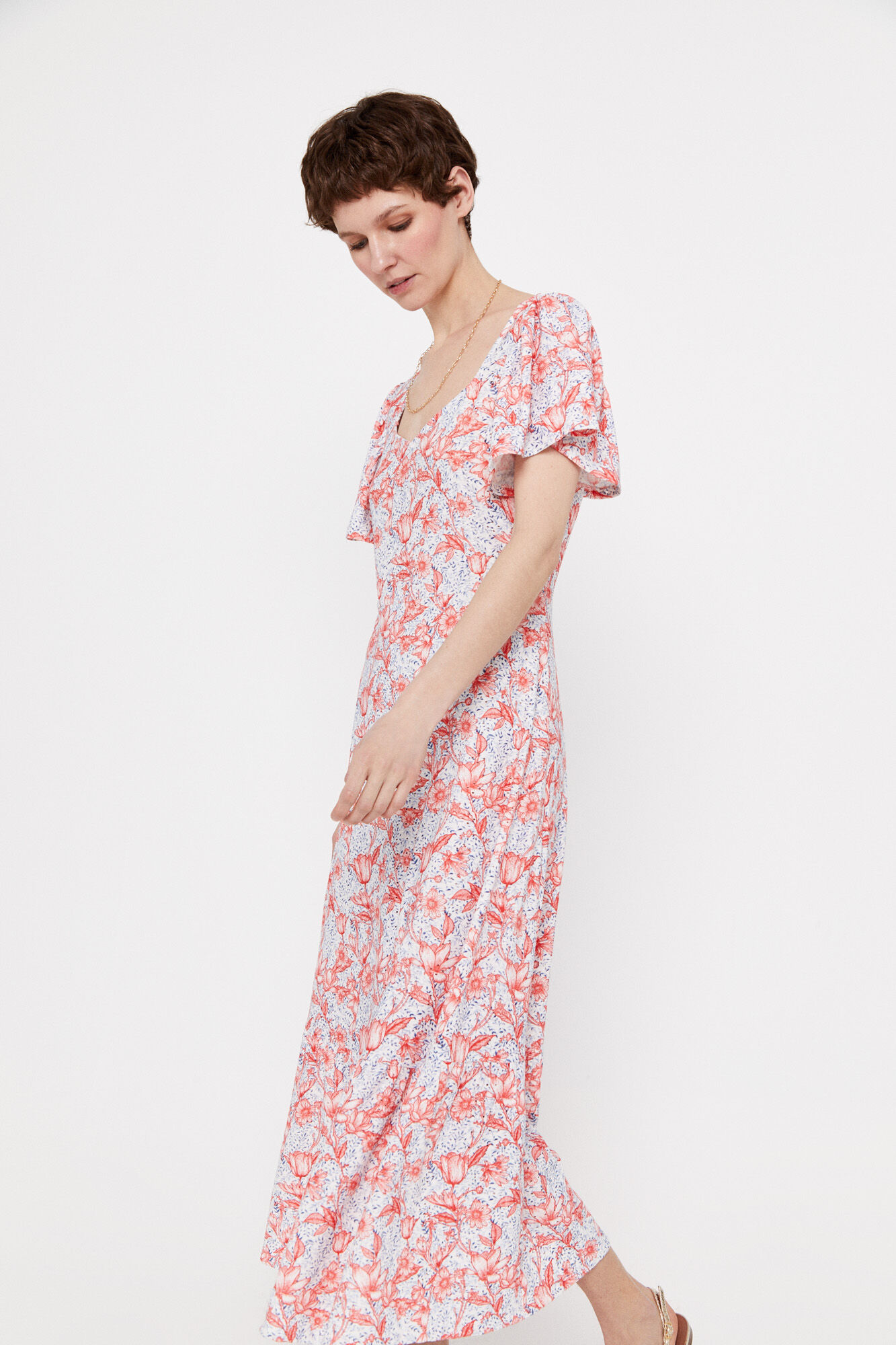 Vestido de malha vazada com babados - Multicolorido