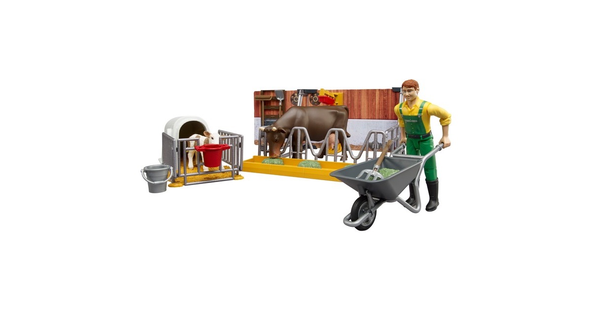 bruderbworld Koeienstal met kalfje en boer Decors  (62611)