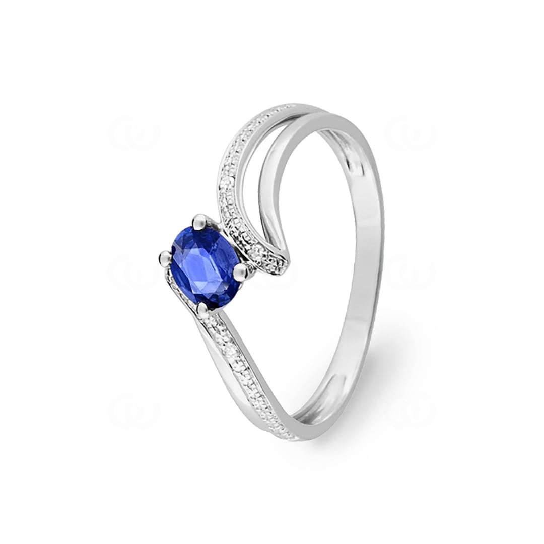 Damenring 750/18 K Weissgold mit Saphir oval und Diamanten 0.01ct.