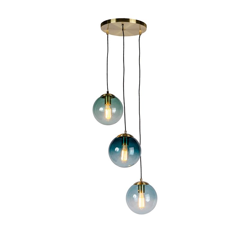 Art deco hanglamp messing met blauwe glazen - Pallon