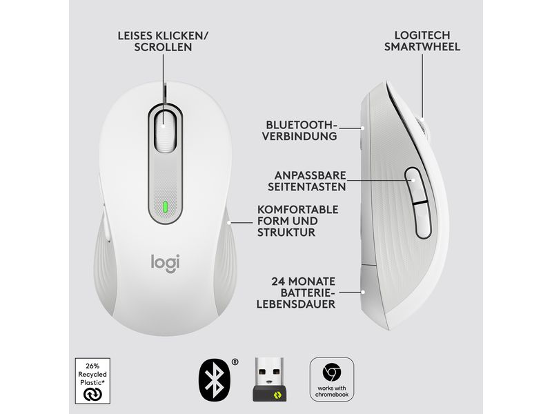 Logitech Maus Signature M650 Weiss Präzise Wireless-Maus mit «Logitech SilentTouch»-Technologie