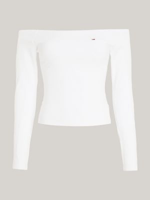 Camiseta de manga comprida canelada com ombros à mostra e modelagem slim.