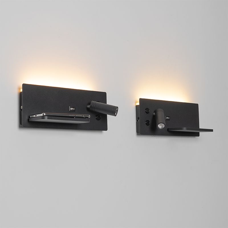 Set van 2 wandlamp zwart incl. LED met USB en inductielader - Riza