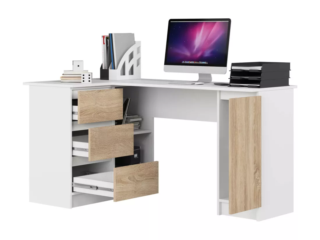Grand bureau d'angle AKORD gauche B20 Blanc 155 cm 1 porte 3 tiroirs façade Chêne Sonoma 4 étagères 155x85x77 cm