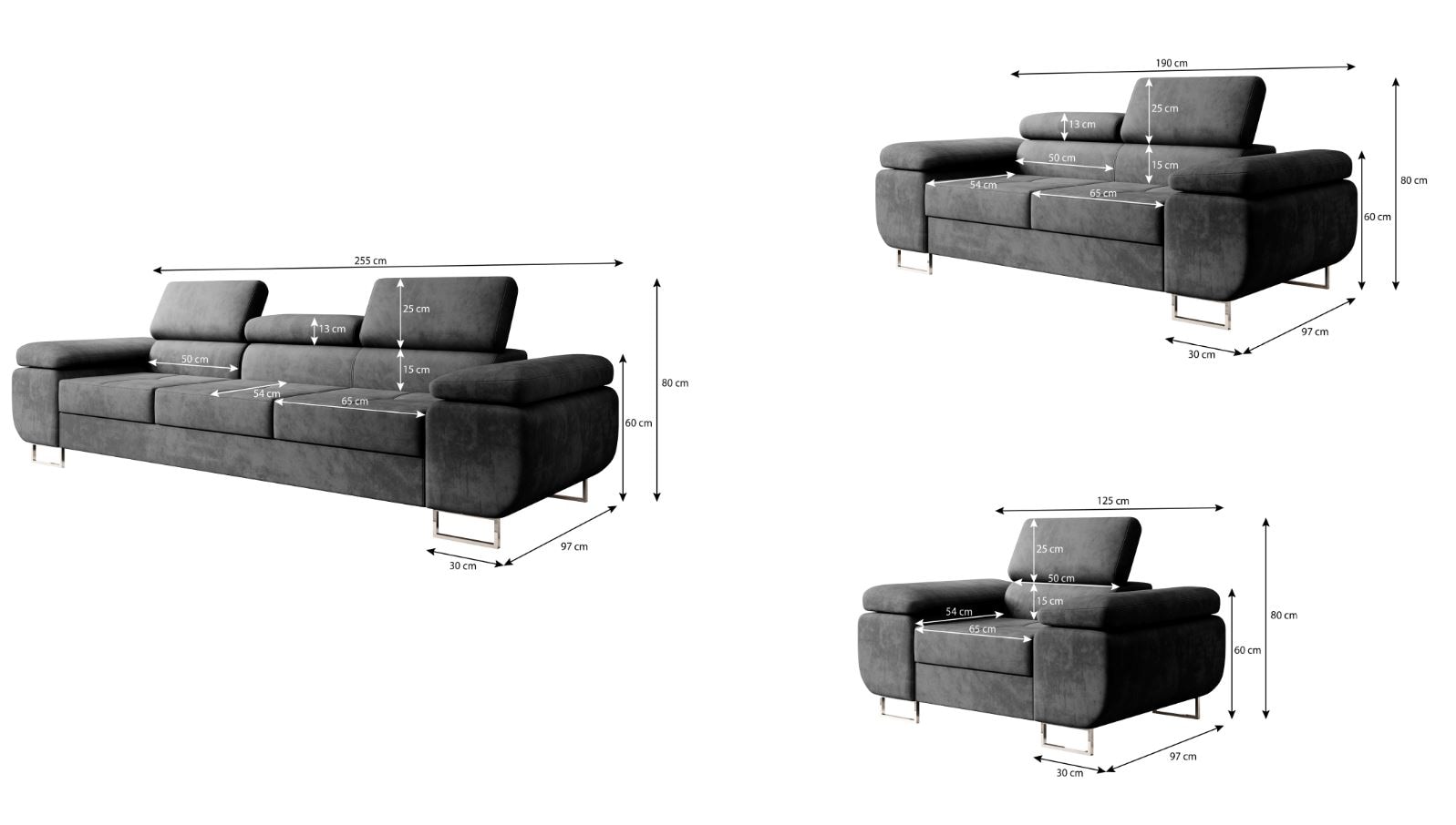 M-Punk Polstergarnitur Miami 3-2-1 Samtstoff Grau Anthrazit mit Bett Kopfteilverstellung Bett Sofa Schlafsofa Wohnlandschaft