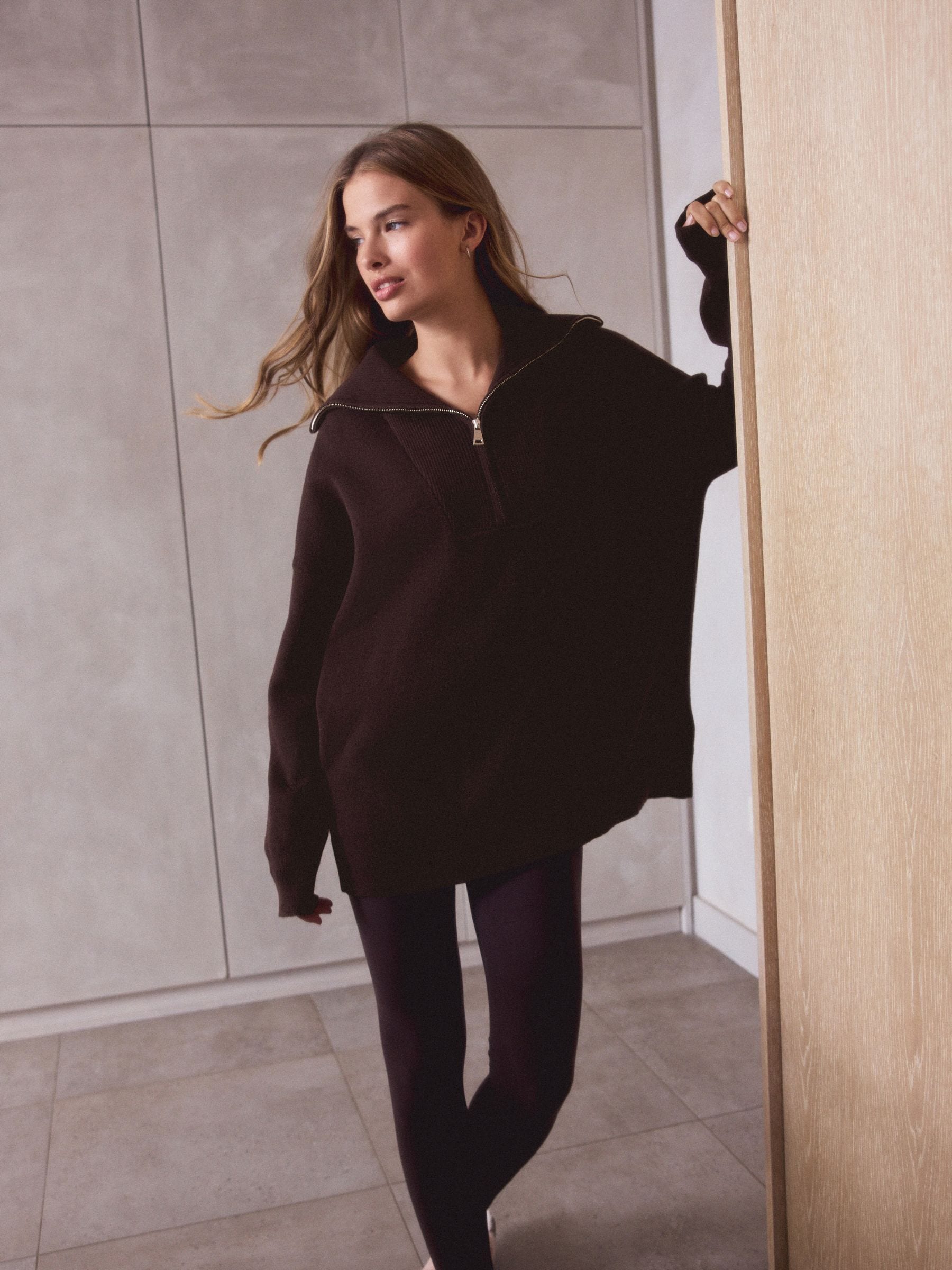 Chocoladebruin - Half Zip Knitted Jumper