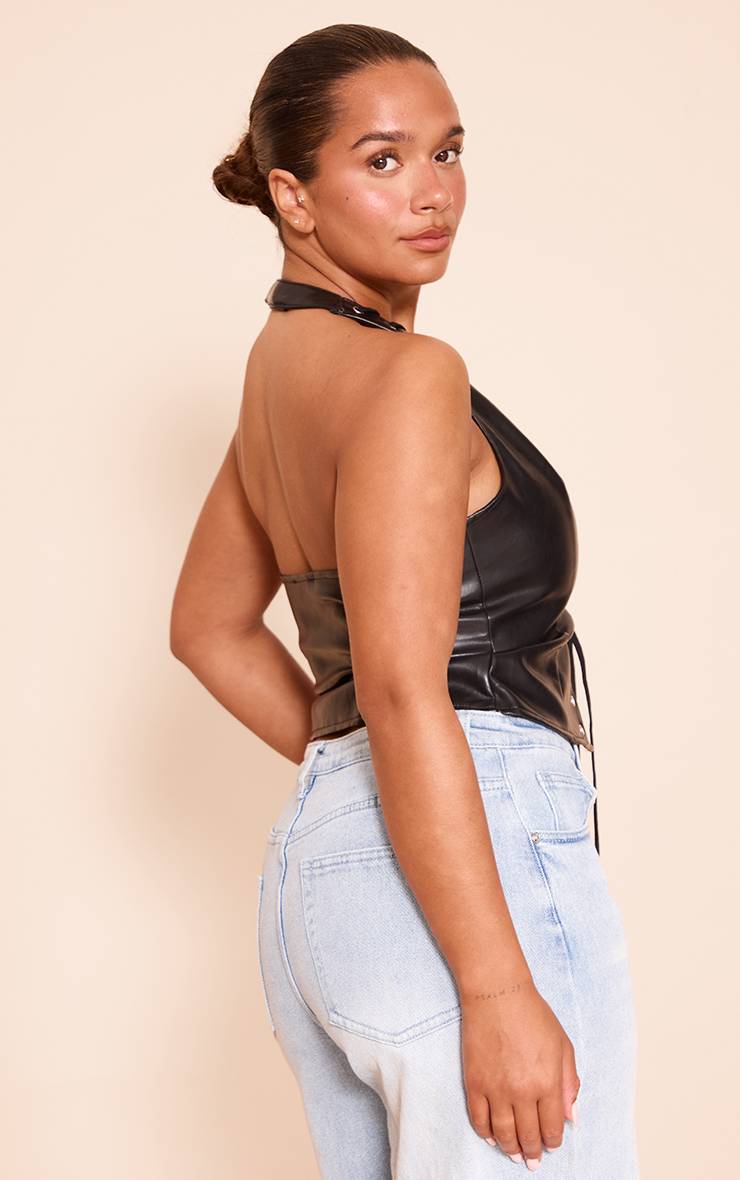 Deep Black Corset Shape En Synthétiquecuir Noir À Encolure Dos-nu Avec Laçage