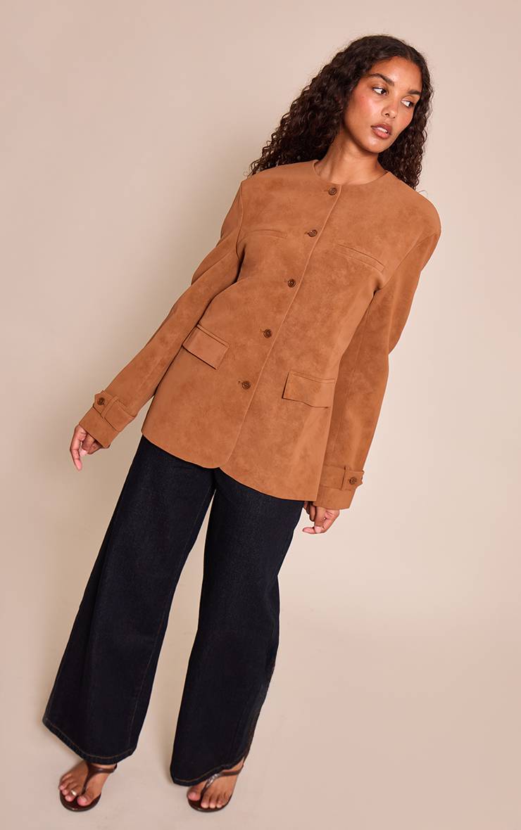 Marron Veste En Synthétique Sans Col Avec Détails Boutonnés