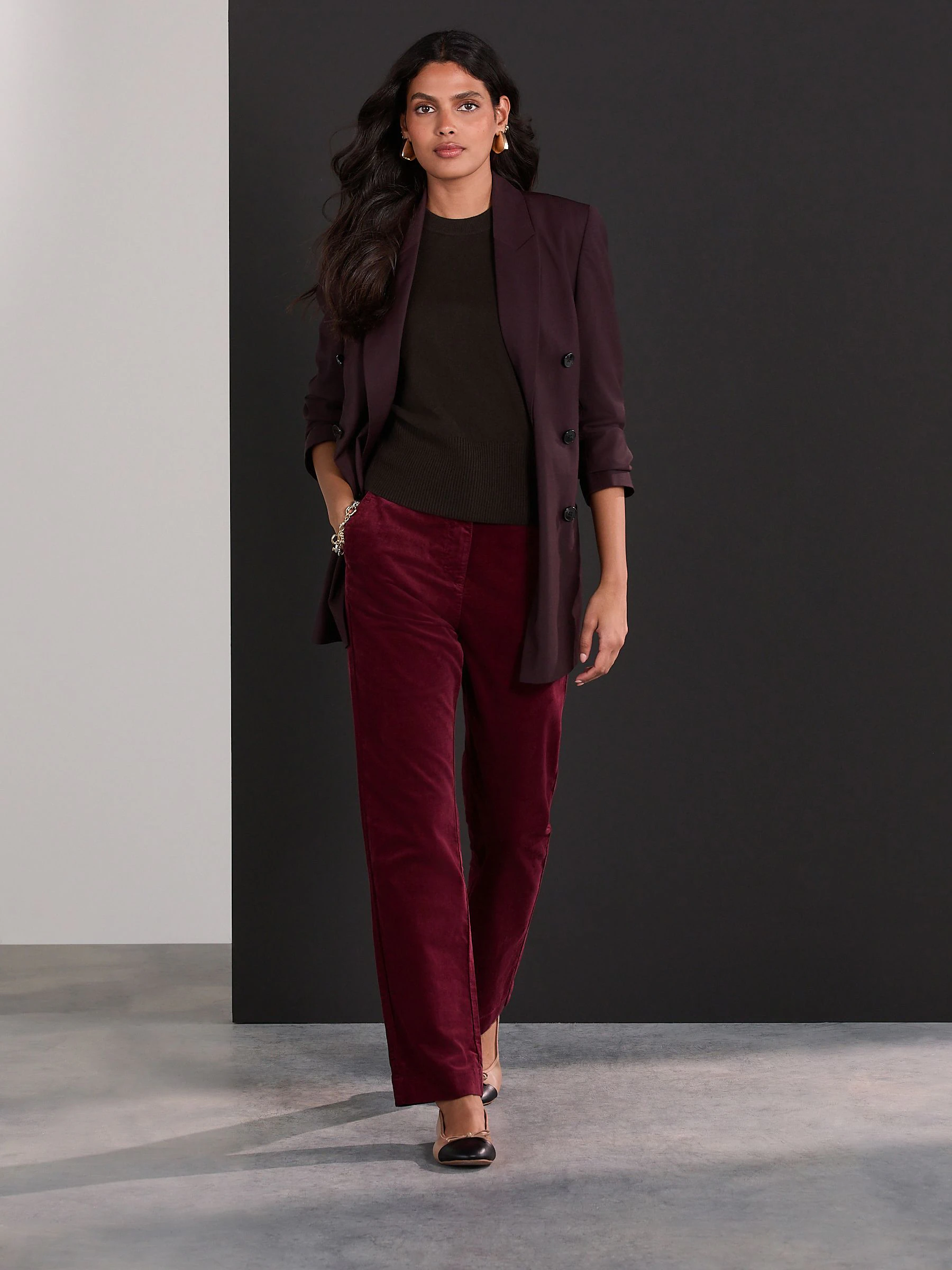 Bordeauxrood - Velvet Straight Leg Trousers