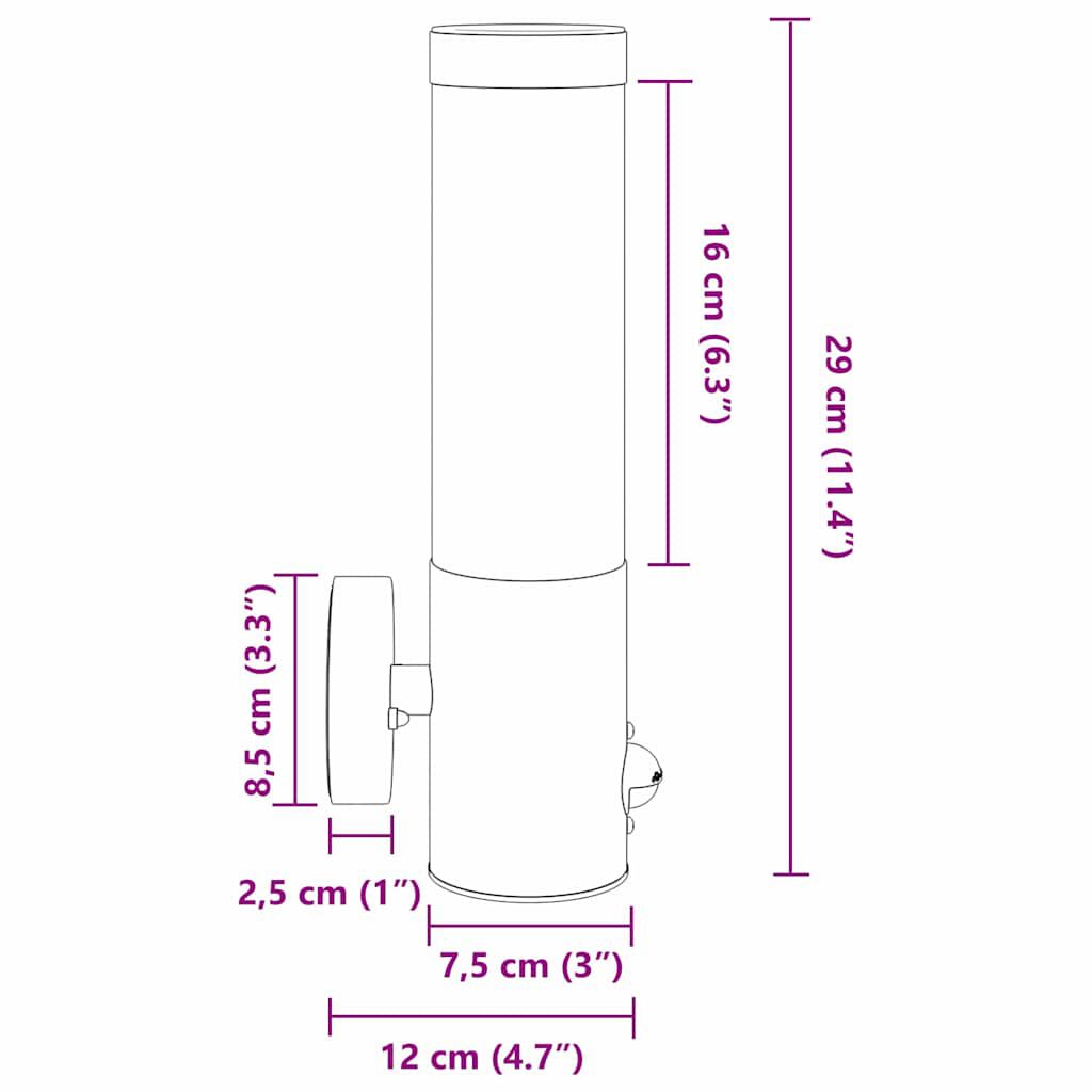 vidaXL Buitenwandlamp Zilver 12 x 7,5 x 29 cm Roestvrij staal