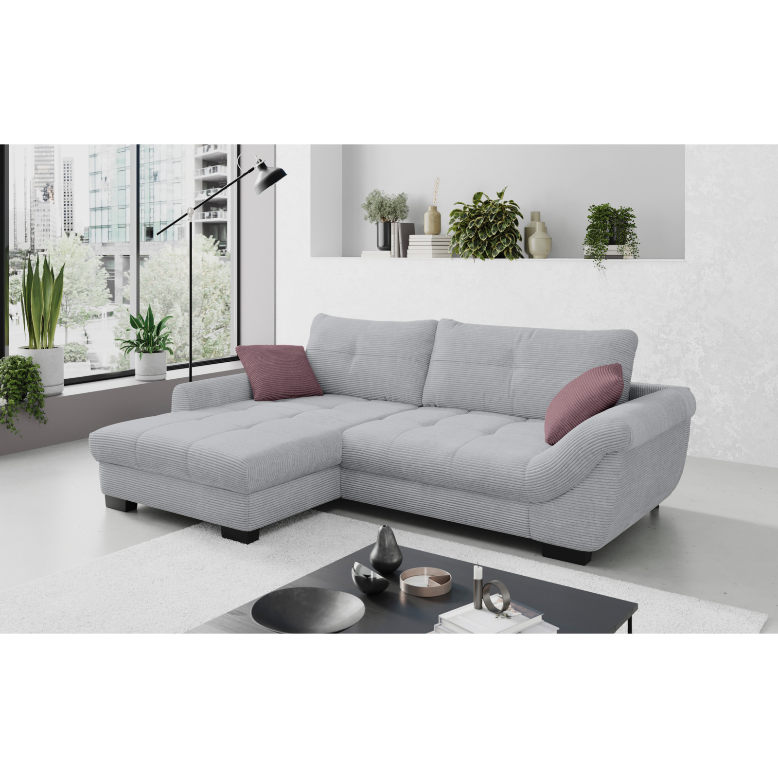 Ecksofa Desiree, Cordstoff grau, Recamière links