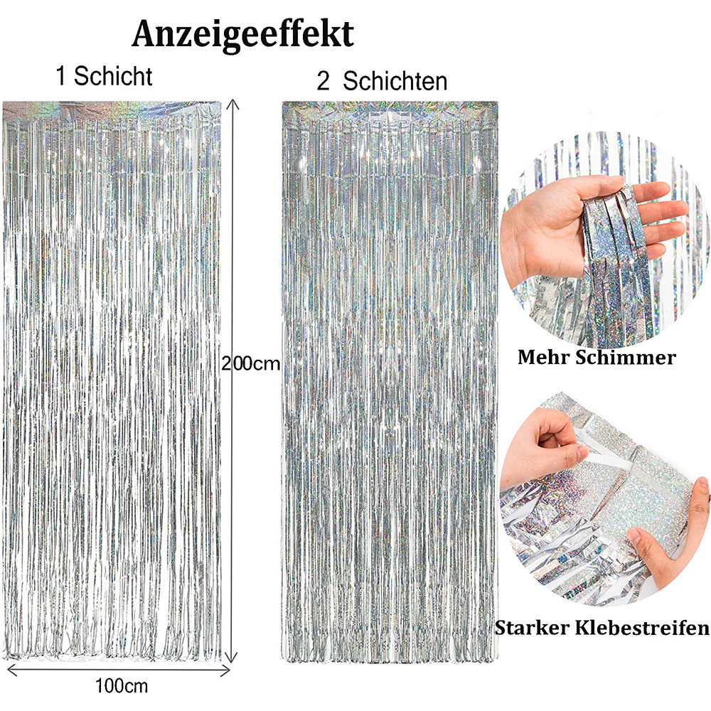 (2x1m) Party Deko Irisierender Lametta Vorhang Glänzender Fransen Vorhang - Silber