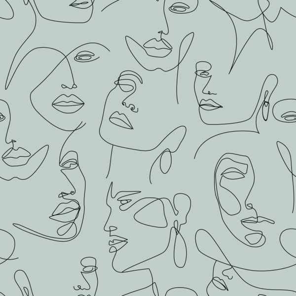 Estahome Line Art Gezichten Fotobehang  - 1,5 x 2,79 m - Vergrijsd Groen