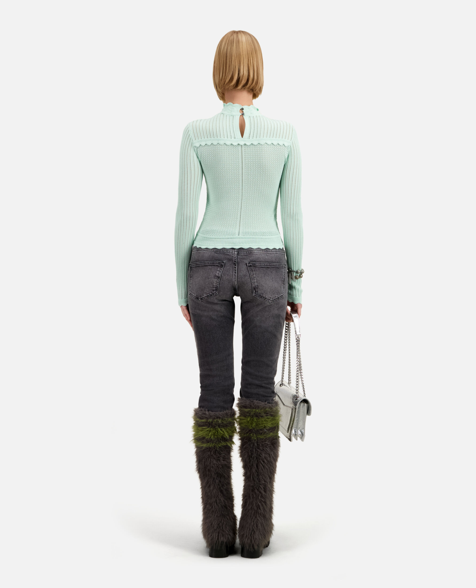 Cropped almond green sweater in openwork knit