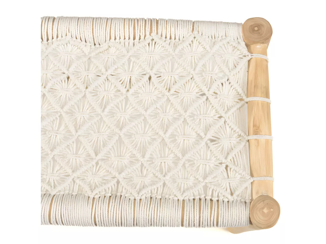 WILL - Banc en branches de teck naturel assise en macramé blanc