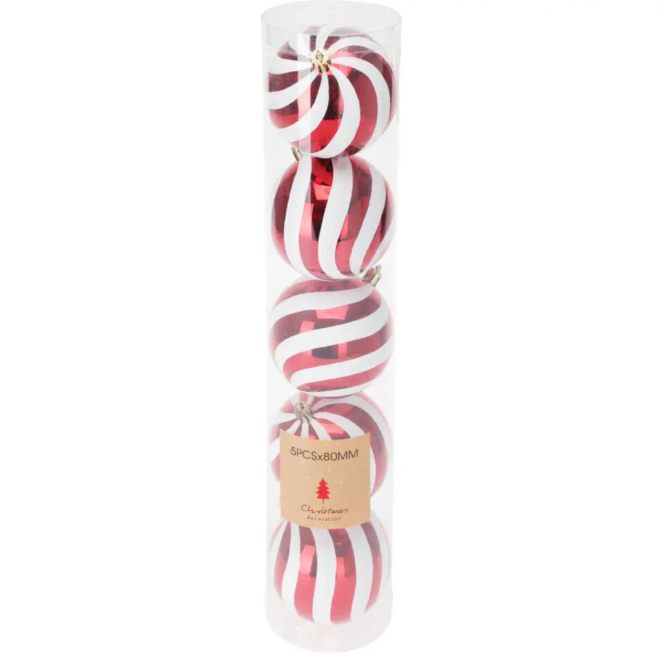 Christmas Decoration Kerstballen - 5x - 8 cm -rood/wit- kunststof