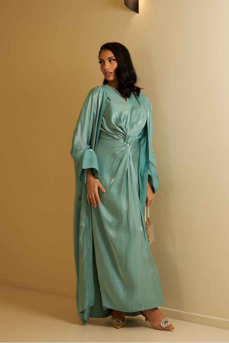 Ensemble 2 pièces abaya + gilet turquoise satinée