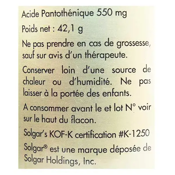 Vitamina B5 Solgar - Ácido Pantotênico - 550mg 50 Cápsulas Vegetais