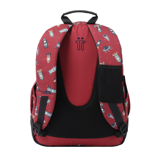 Mochila escolar Totto com estampa de foguetes e giz de cera.