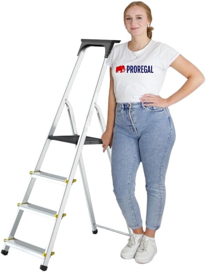 PROREGAL Trapladder met gereedschapsplank Economy Basic Enkelzijdige toegang 4 treden Werkhoogte 2,75 m Draagvermogen 150 kg