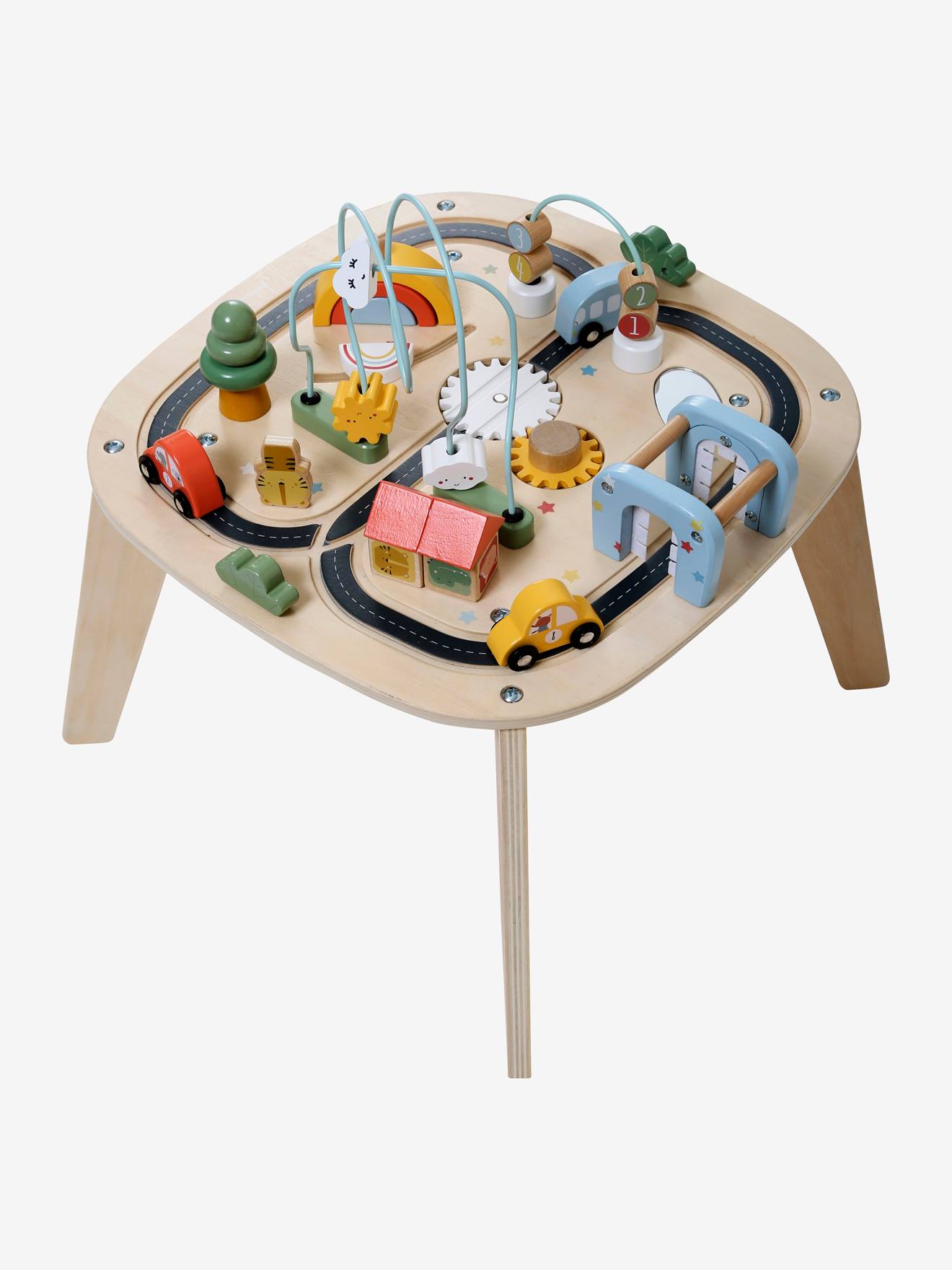 Mesa de atividades com pista de carrinhos, madeira FSC®, bege claro, lisa com motivos.