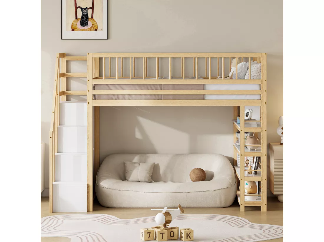 Lit mezzanine 90x200 cm - avec étagères et échelle de rangement - en bois massif - Naturel