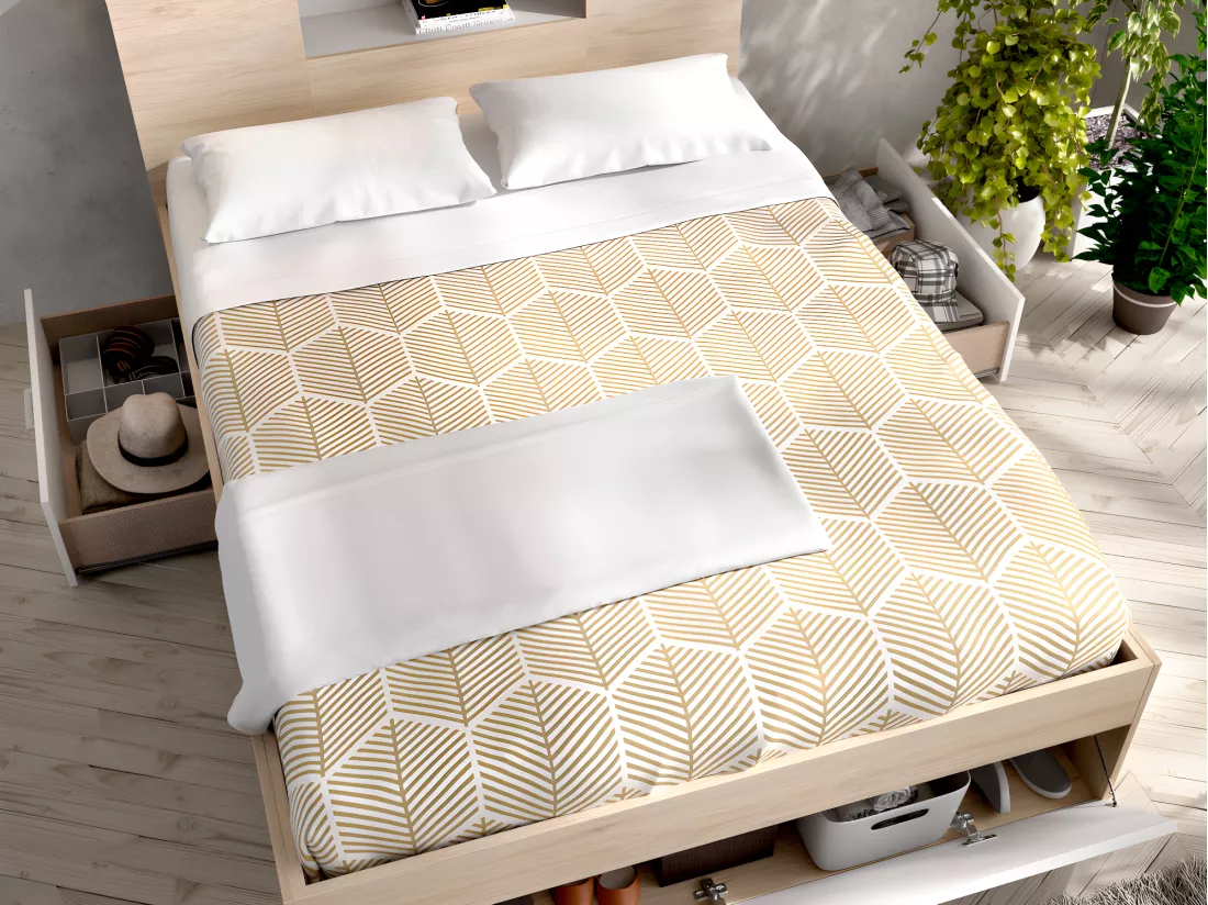 Lit avec tête de lit rangements et tiroirs - 140 x 190 cm - Coloris : Naturel et blanc + Sommier - LEANDRE