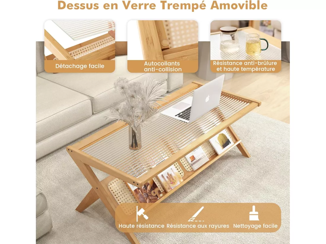 Table basse, table salon 120 cm en bambou avec plateau en verre trempé, style bohême