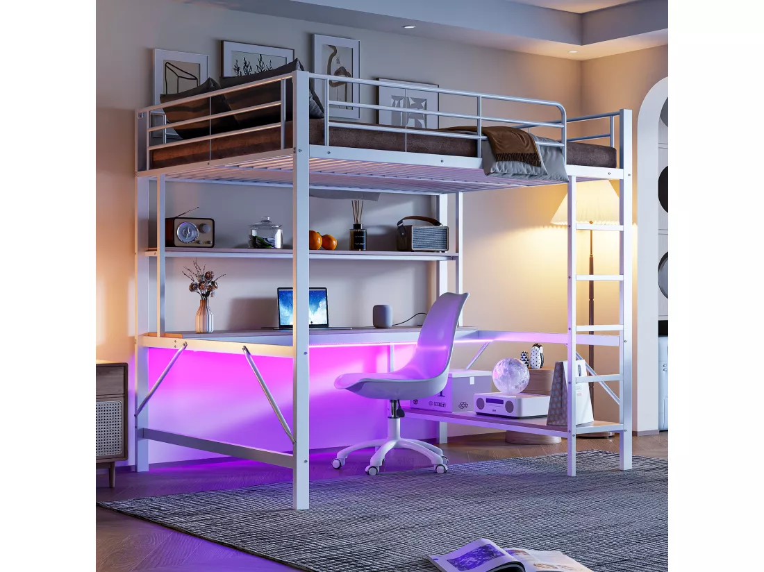 Lit mezzanine garde-corps et escabeau - 140 x 200 cm - avec USB et secteur - LED et bureau - sans matelas - métal - white